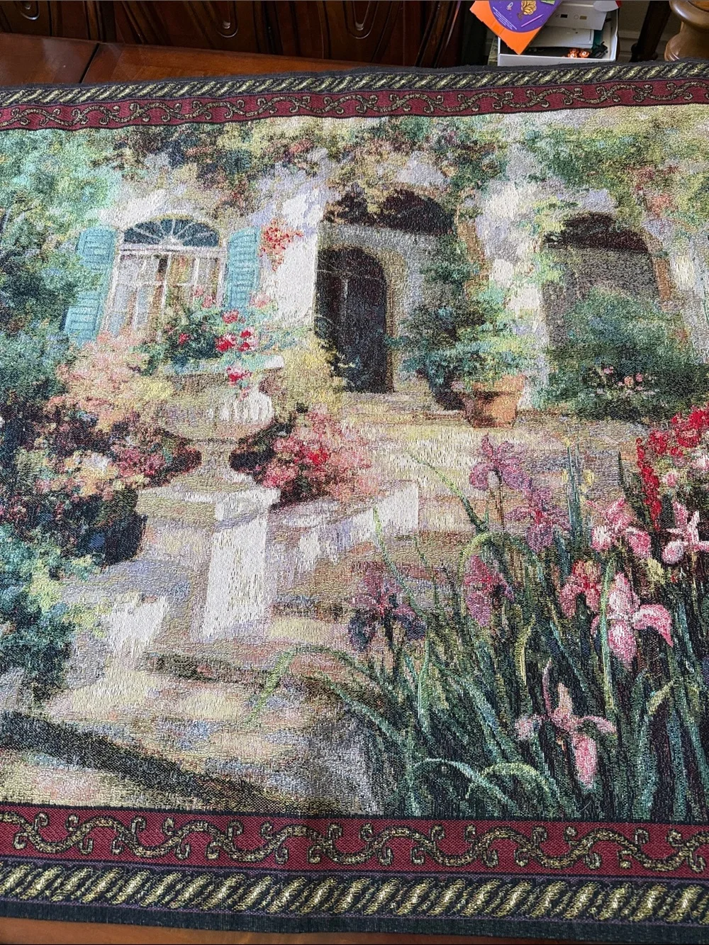 VTG French style Secret Garden scene Floral Tapestry wall Wall Art Hanging 56x38